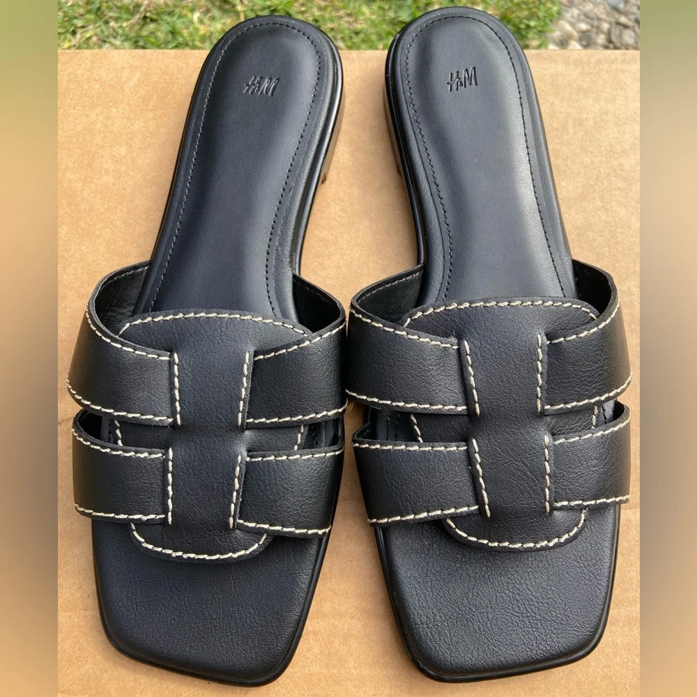 H&M Leather Black Sandals Woman’s Size 9 - Picture 2 of 9